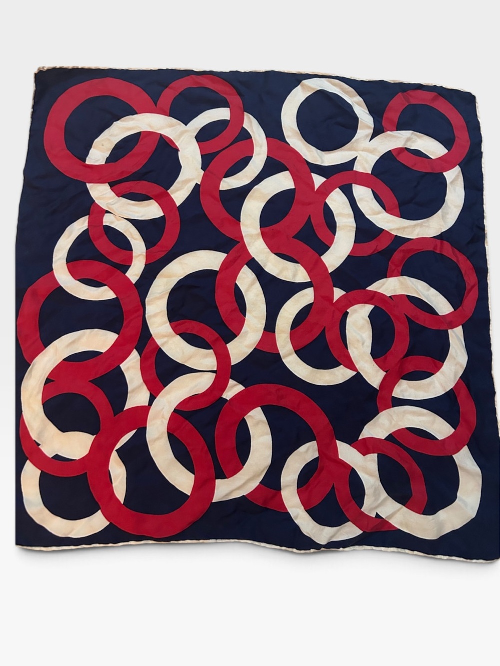 Vintage silk scarf with red and white ring rings on blue hand rolled sewn edges